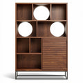 **Modern Wooden Shelf Unit with Circular and Rectangular Openings**