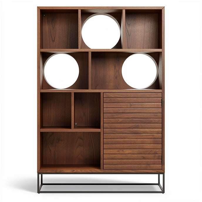 **Modern Wooden Shelf Unit with Circular and Rectangular Openings**