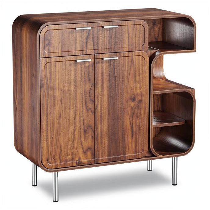 **Modern Walnut Storage Cabinet with Curved Design and Metal Legs**