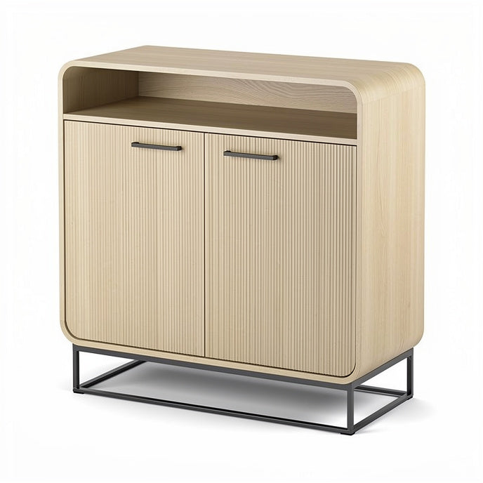 **Modern Wooden Sideboard with Open Shelf and Textured Doors**