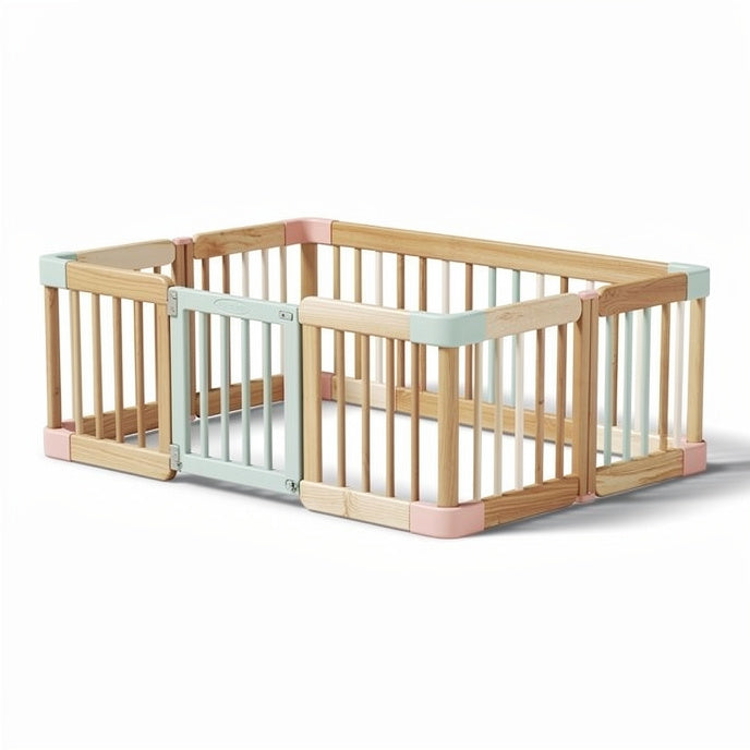 **Expandable Wooden Playpen with Safety Gate**