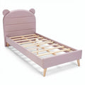 **Children's Bear-Ear Bed Frame with Wooden Slats - Pink Upholstery**