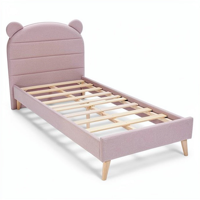 **Children's Bear-Ear Bed Frame with Wooden Slats - Pink Upholstery**
