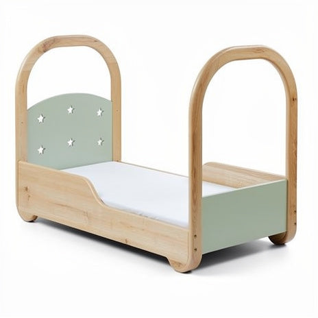 **Title: Stylish Wooden Toddler Bed with Star Design and Safety Rails**