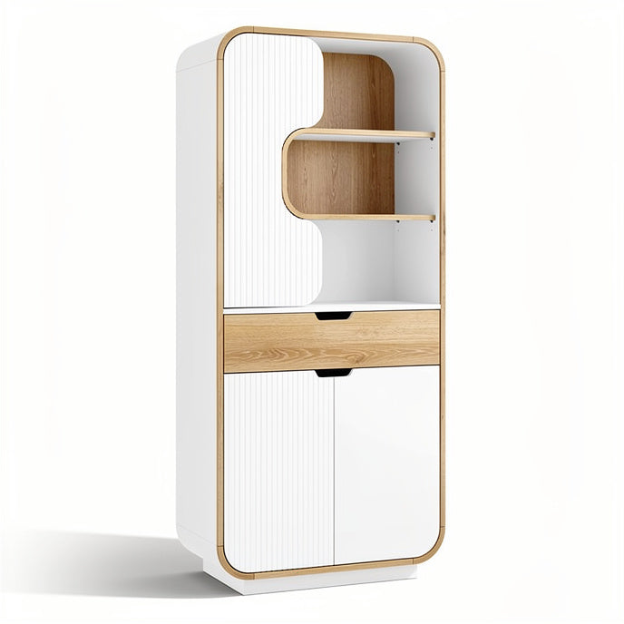**Modern White and Wood Storage Cabinet with Open Shelves and Drawer**